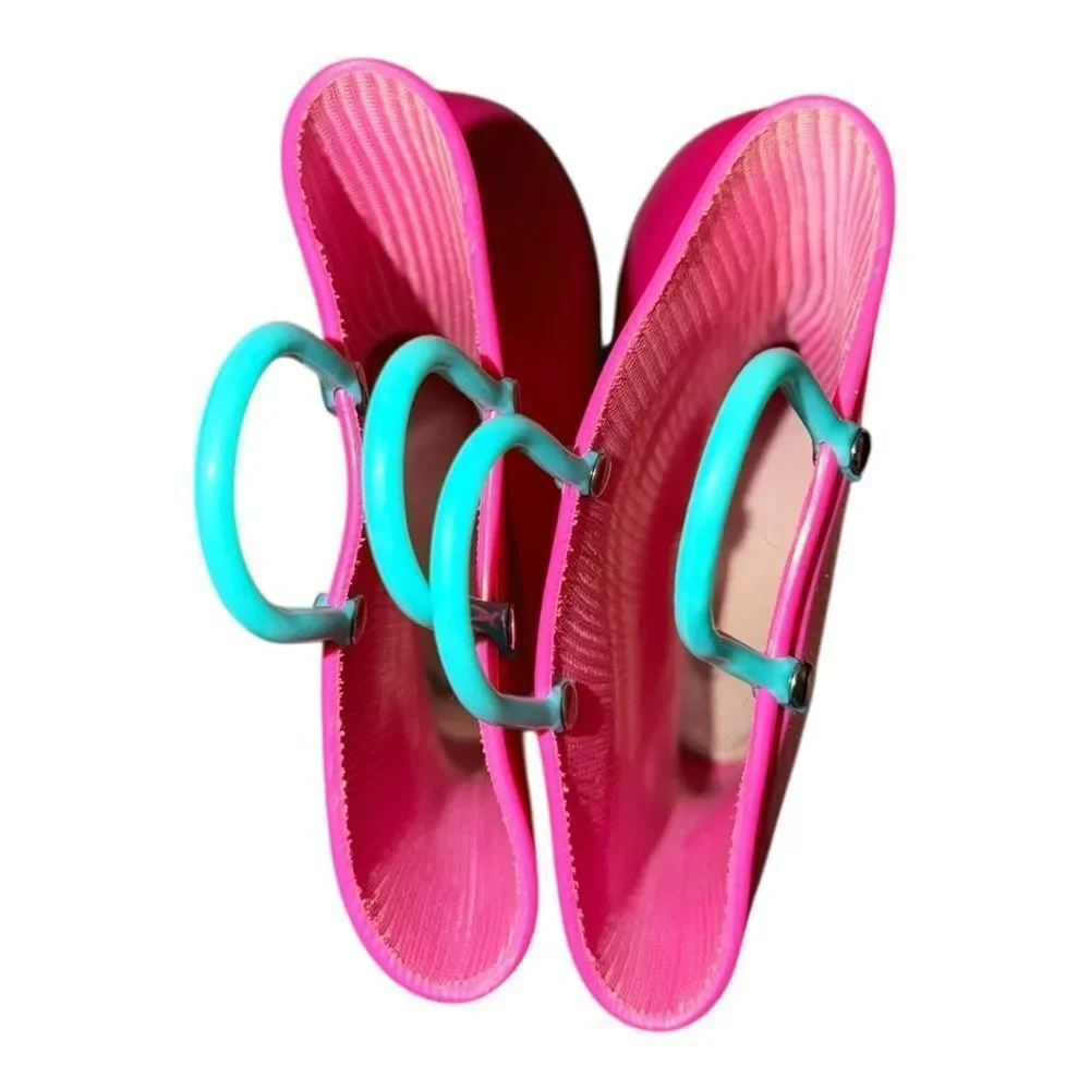 Girls Bright Pink & Blue Classic Rain Boots Pull On 1.5M EUC